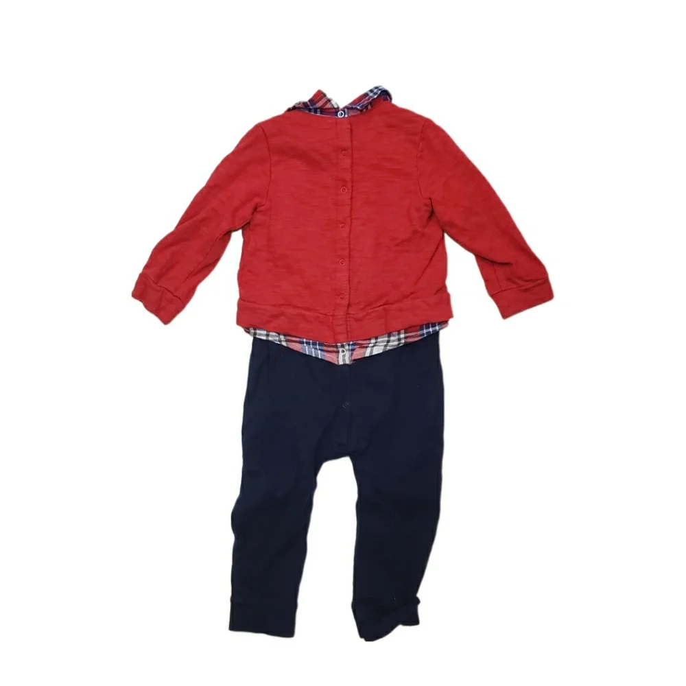 Baby Gap 18-24m Red Top with Plaid Collar and Navy Bottoms One Piece Jumpsuit